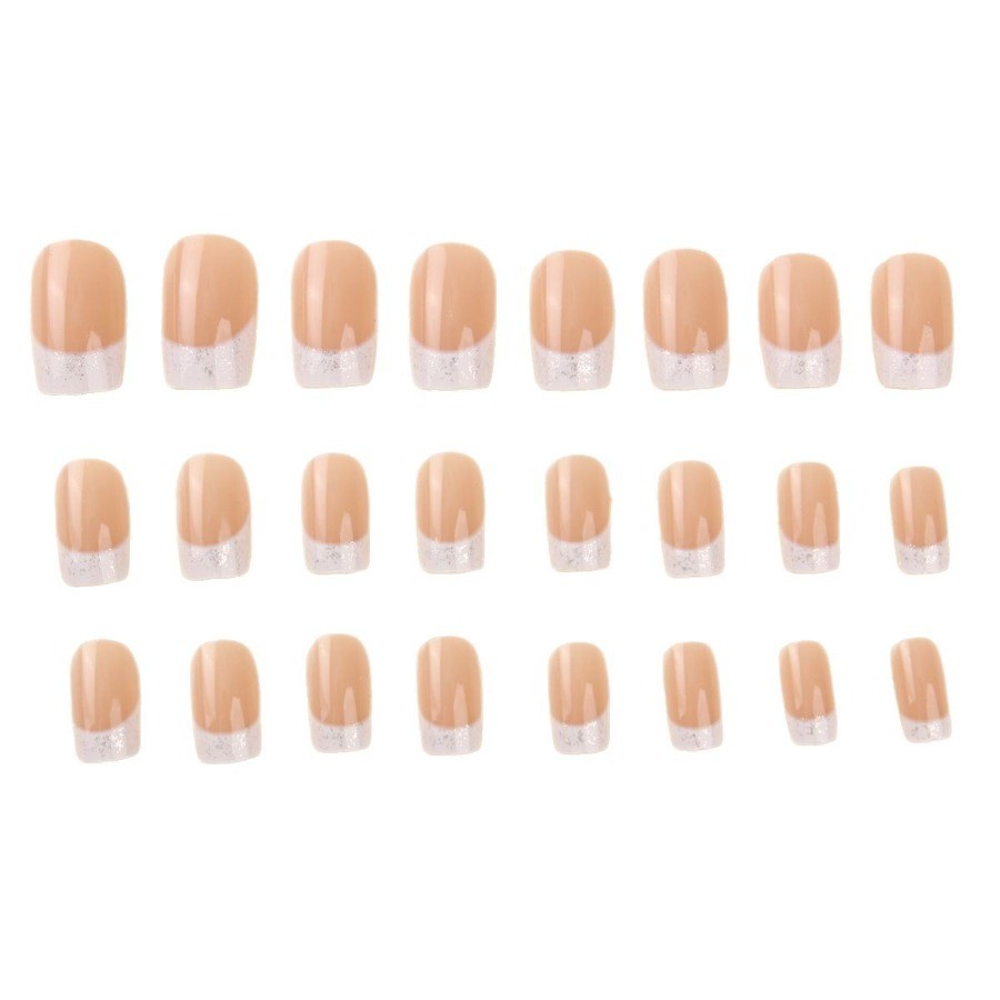 48pcs-Natural Nude Fake Nails with White Glitter French Tips, Short Square Shape