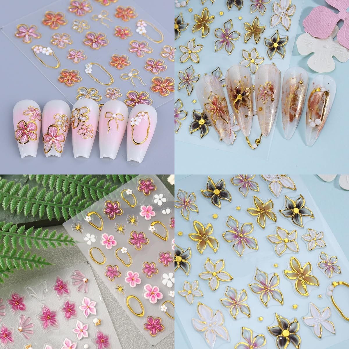 3 Sheets Flower Nail Stickers 5D Embossed Lily Flower Stickers for Nails Hibiscu