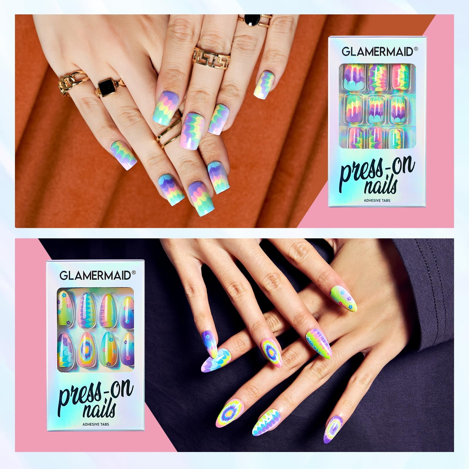 48Pcs Ombre Press on Nails Medium Almond, Tie Dye Fake Nails Short Stiletto, …