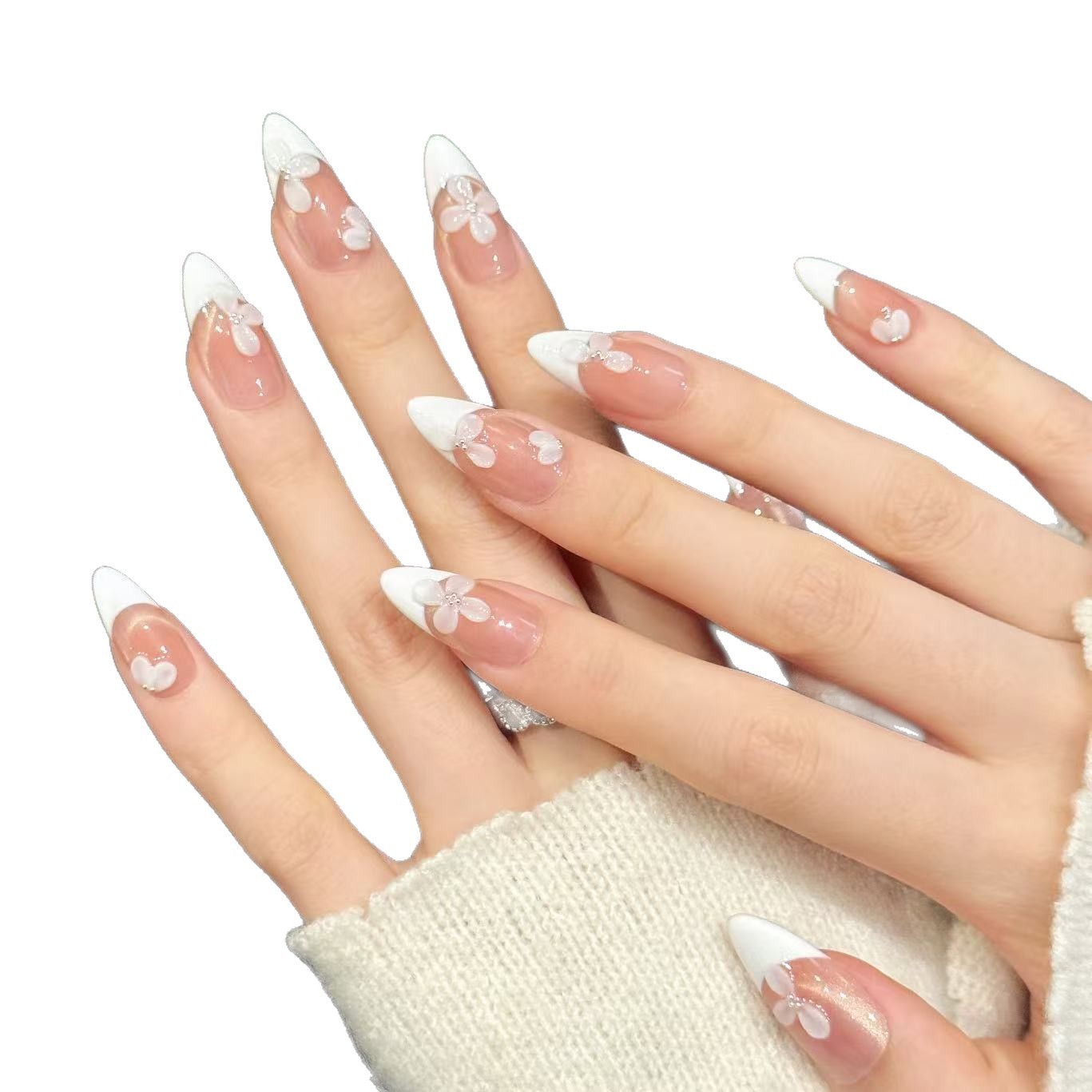 10Pcs White 3D Cream Floral Carved Press On Nails French Style For Wedding Daily