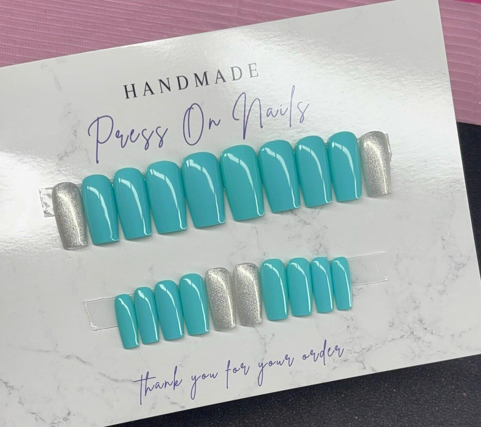 Medium square Press on nails silver glitter teal light blue handmade custom gel