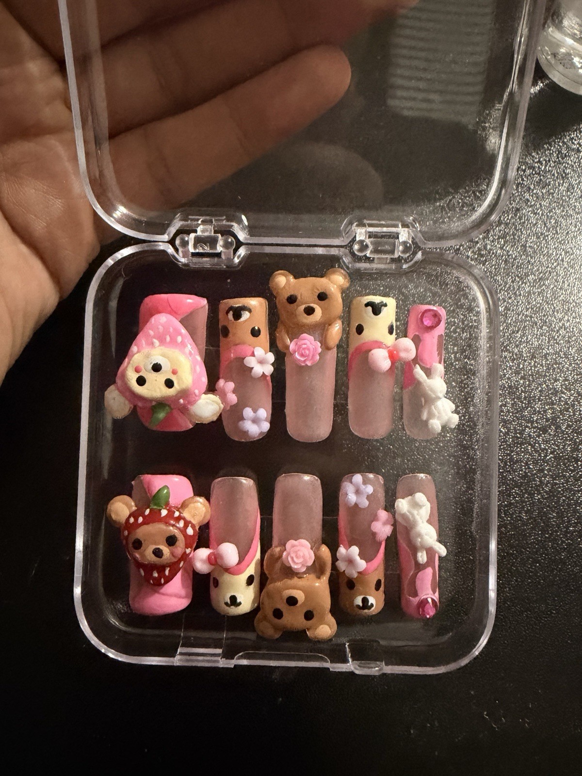 Pink Brown White 3D Bear Bunny Flower Med. Square Full Cover Press-On Nails Set