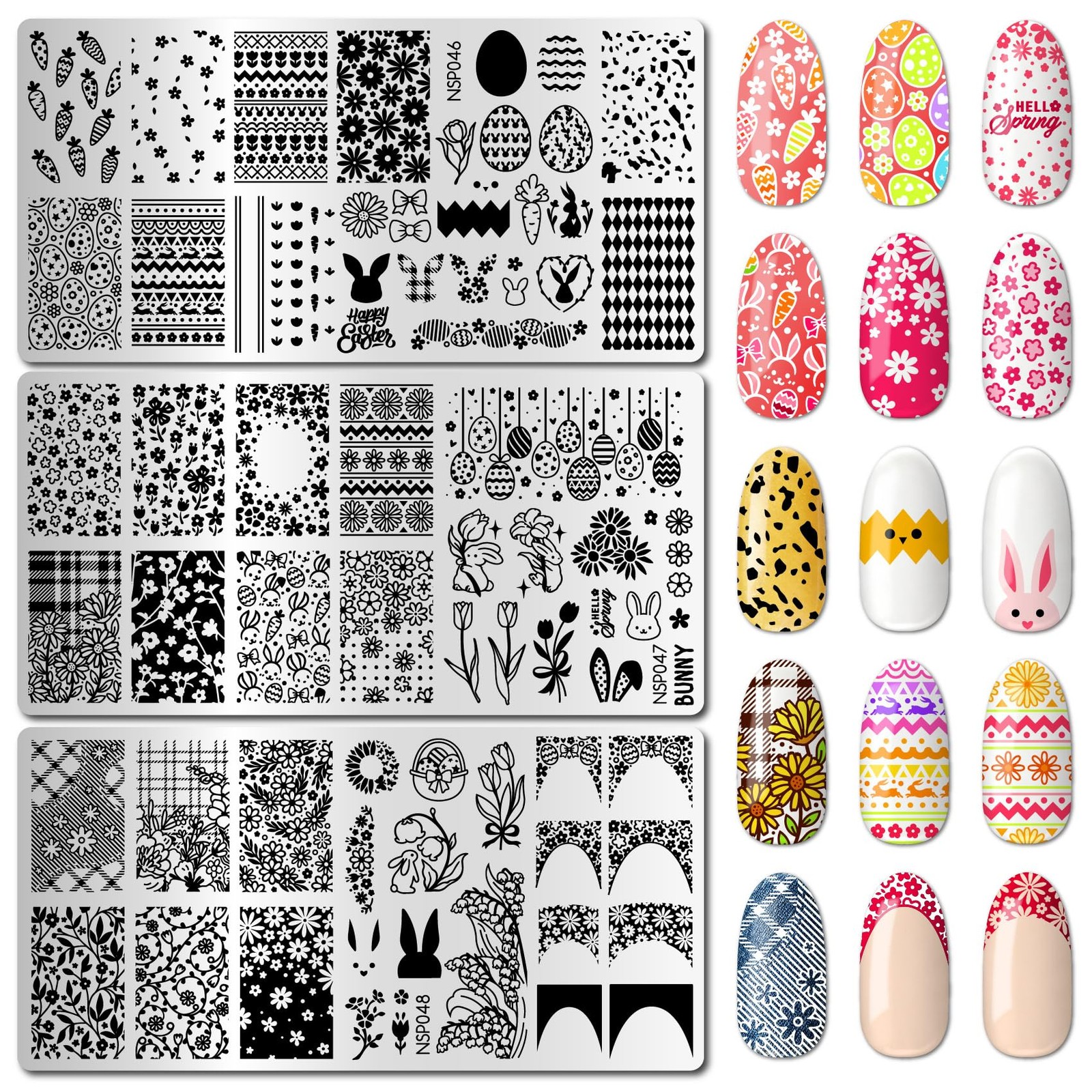 Spring & Easter Nail Stamping Plates Set of 3 – Flowers,Leaves, Bunnies, Eggs…