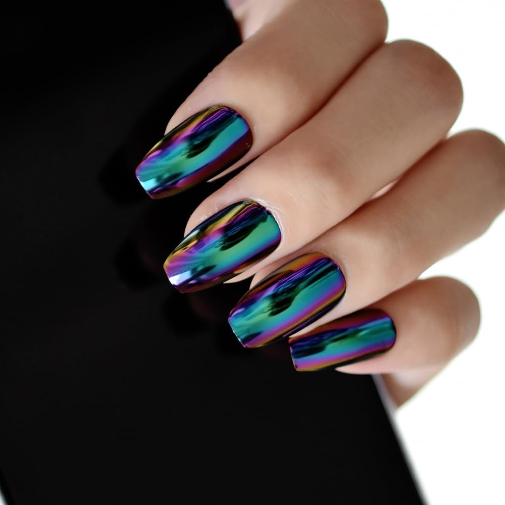 iBeautying Press on Nails – Chrome Magic Mirror Effect Medium Length, Green