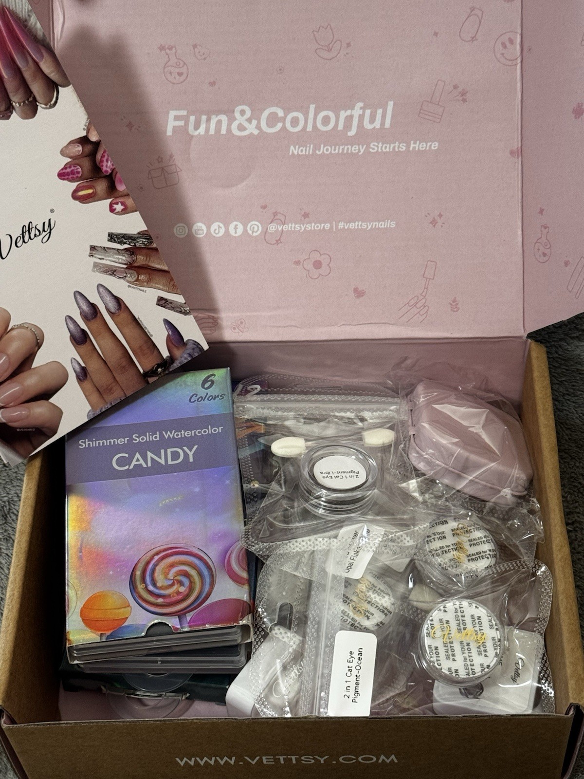 New Vettsy Nail Art Subscription Box Shimmer Solid Watercolors Opal Flakes More