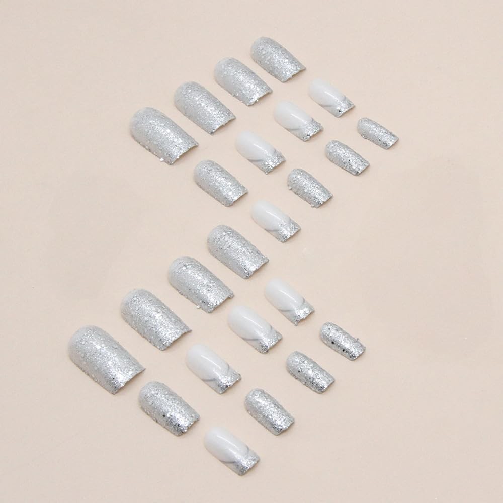 Silver Press on Nails Square Short French Tip Fake Nails with Glitter Design …