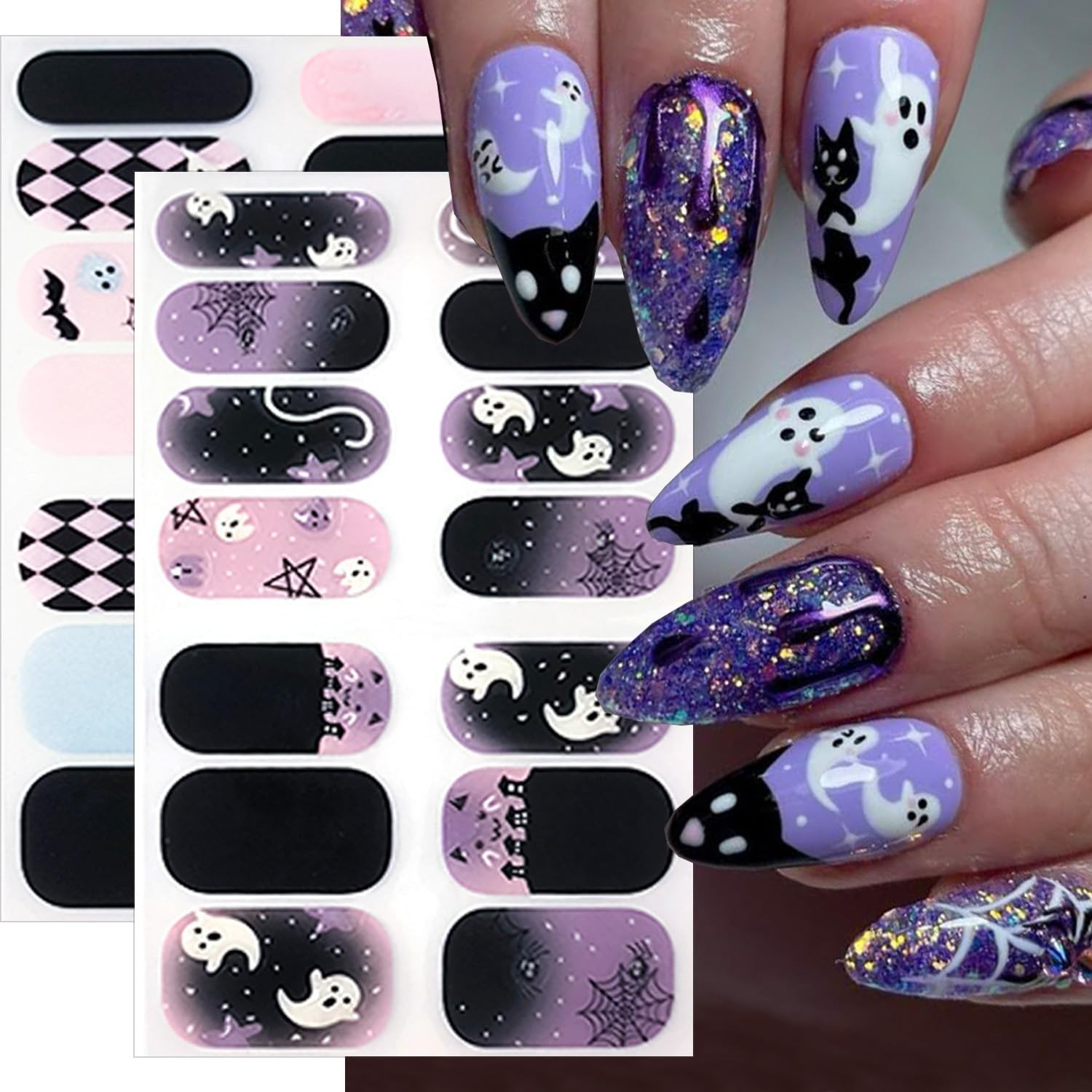 2 Sheets Halloween Nail Gel Stickers Cute Ghost Nail Polish Stickers Self-Adh…