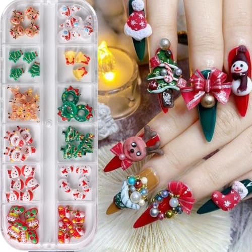 ONPRESS 12Girds/50pcs Christmas Nail Charms Colorful Mini Snowman Xmas Tree