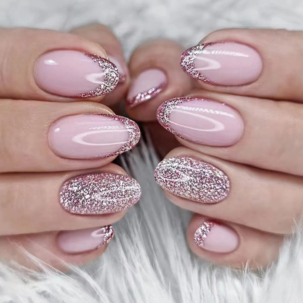 French Tip Press on Nails Almond Short Pink Fake Nail with Glitter Gold Desig…