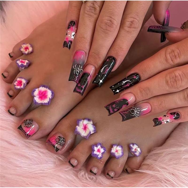 Sweet Leopard Print French 3D Flower Gradient Square Press On Nails 48PCS
