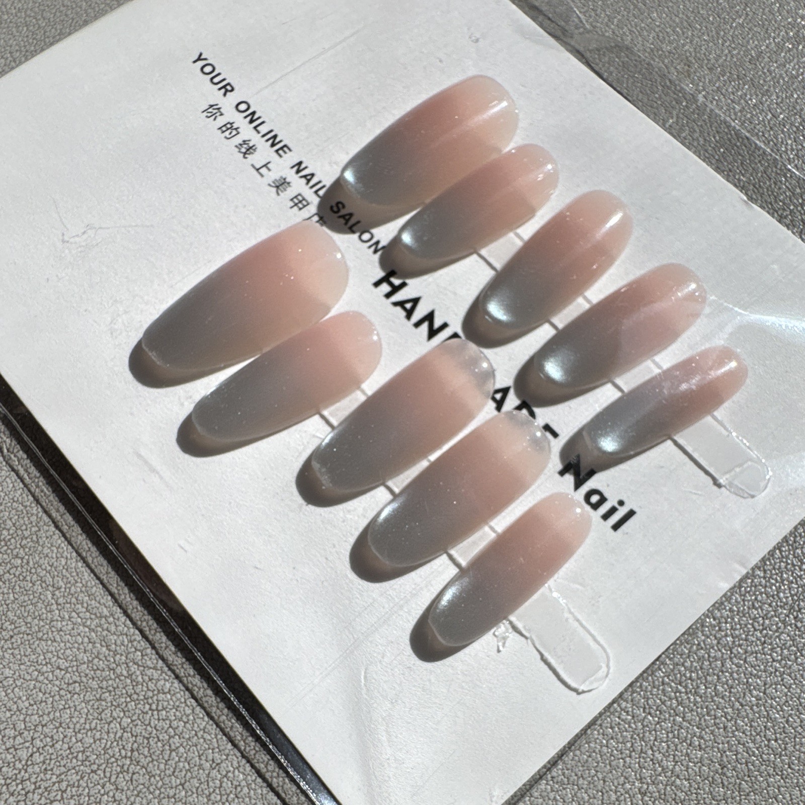 Press-On Nails Coffin Long Pink/Gray Ombre Shiny Full Cover Pre-Designed Set