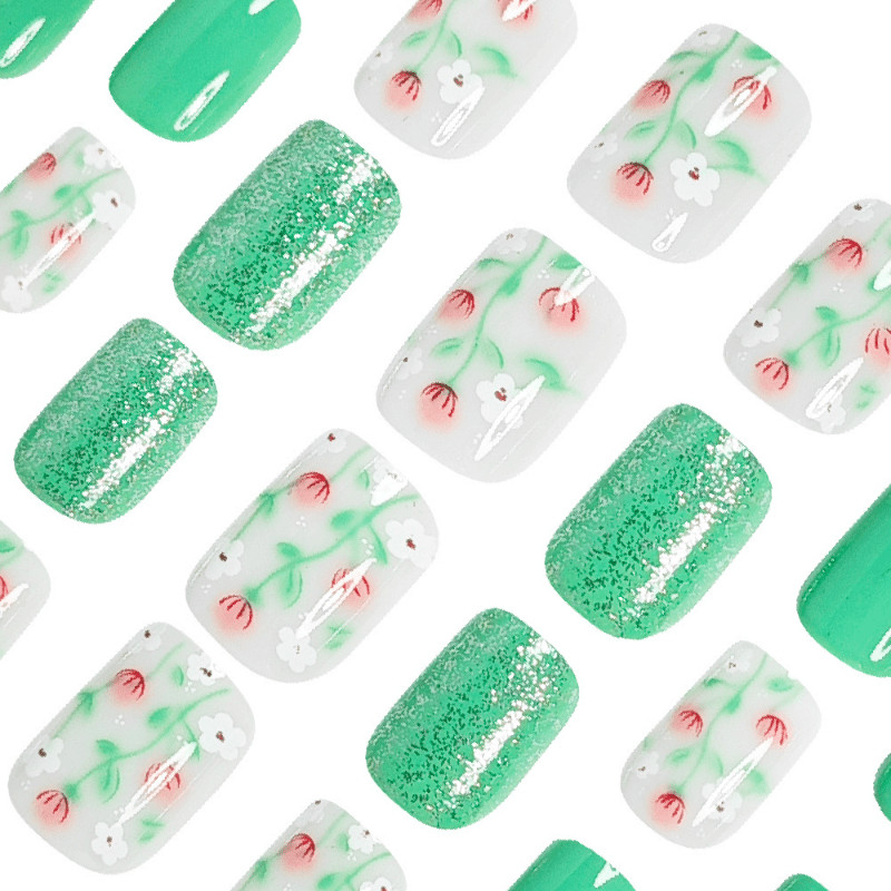48 Pcs Mint Green Press on Nails, Short Square Cat Eye Floral Summer Fake Nails