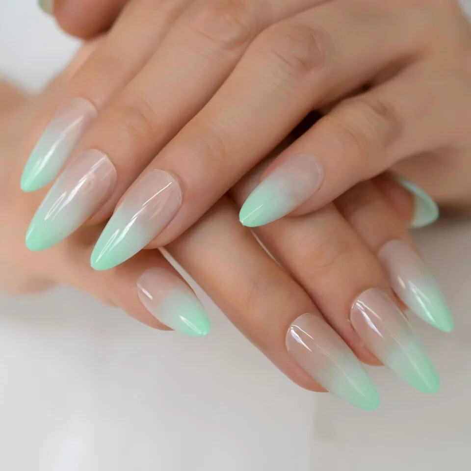 24 Press on nails kit w glue mint green ombre french almond pastel