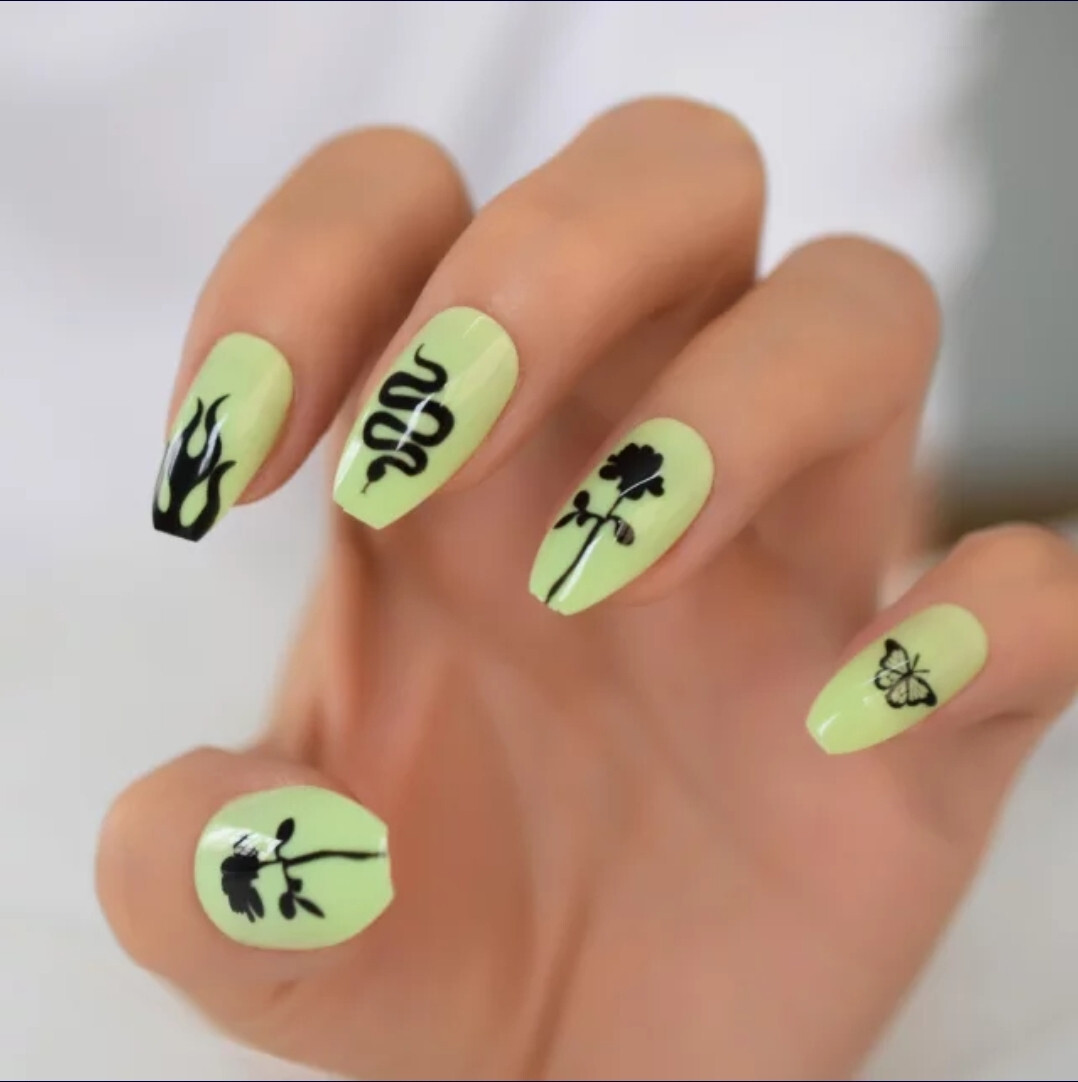 24 Medium Press on nails kit w glue Neon Green tattoo snake design goth