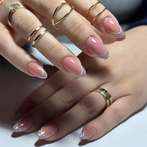 24Pcs Silver French Tips Press on Nails Medium Almond Fake Nails with french-3