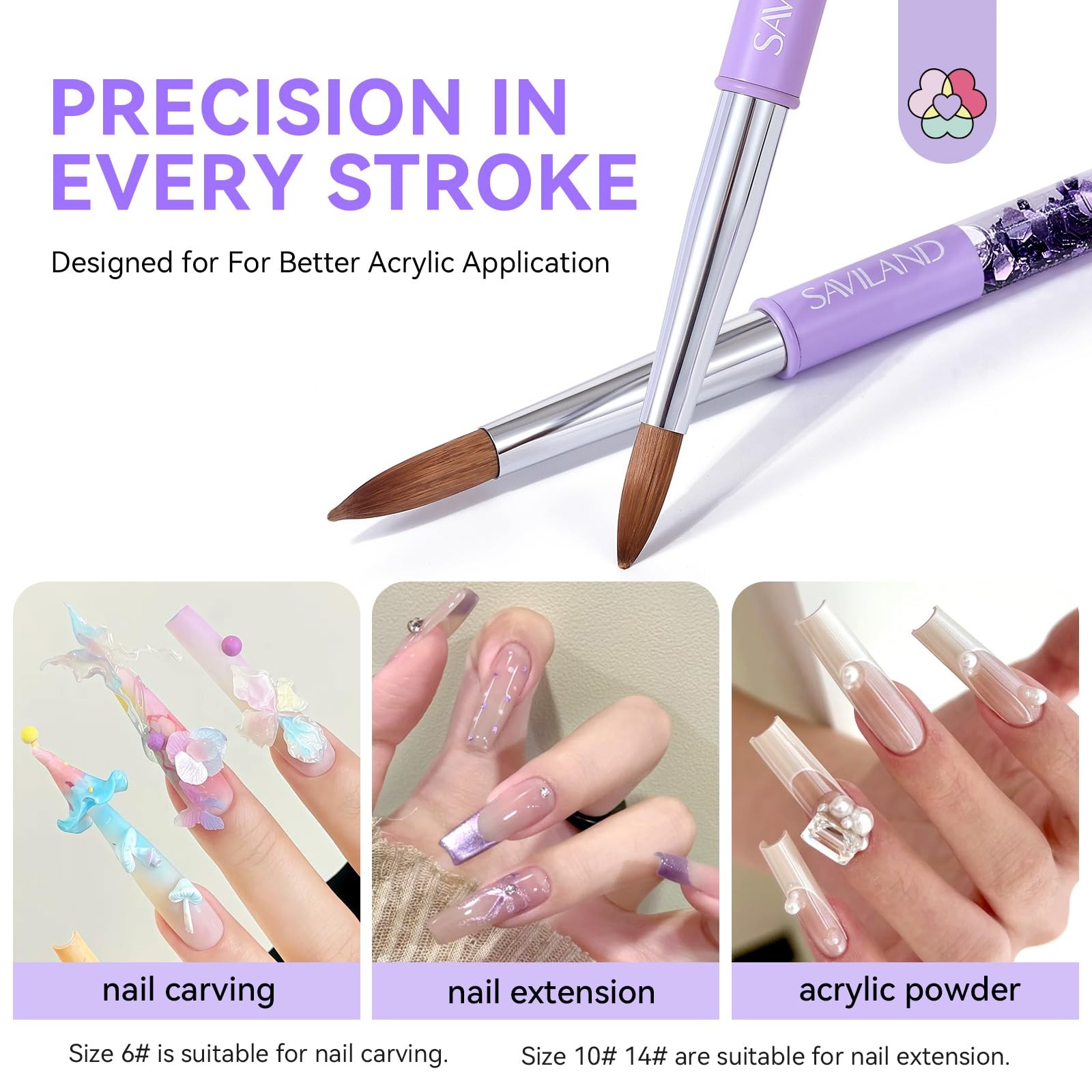 SAVILAND Kolinsky Acrylic Nail Brush Size 6,10,14 with Brush Cleaner Purple | Pr