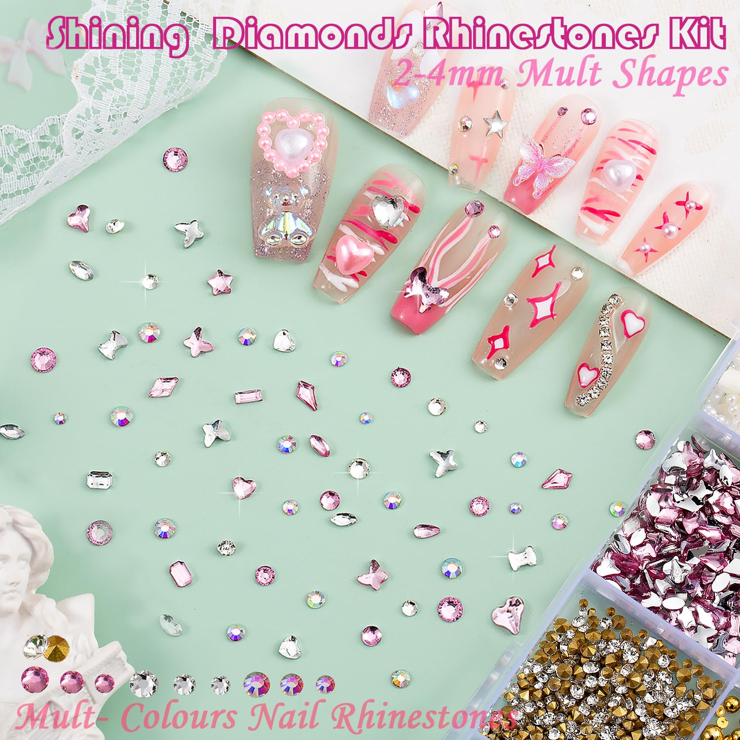 Set decoracion unas 10000pcs dijes gemas flores perlas corazones mariposas