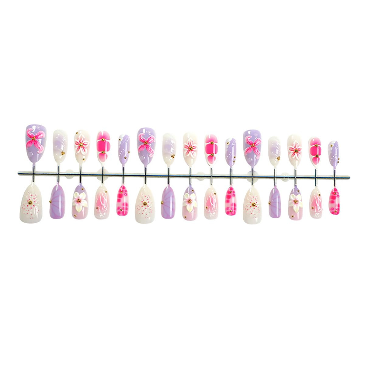 30Pcs Pink Flower Press on Nails Medium Almond Fake Nails with Gold Pearl Rhi…