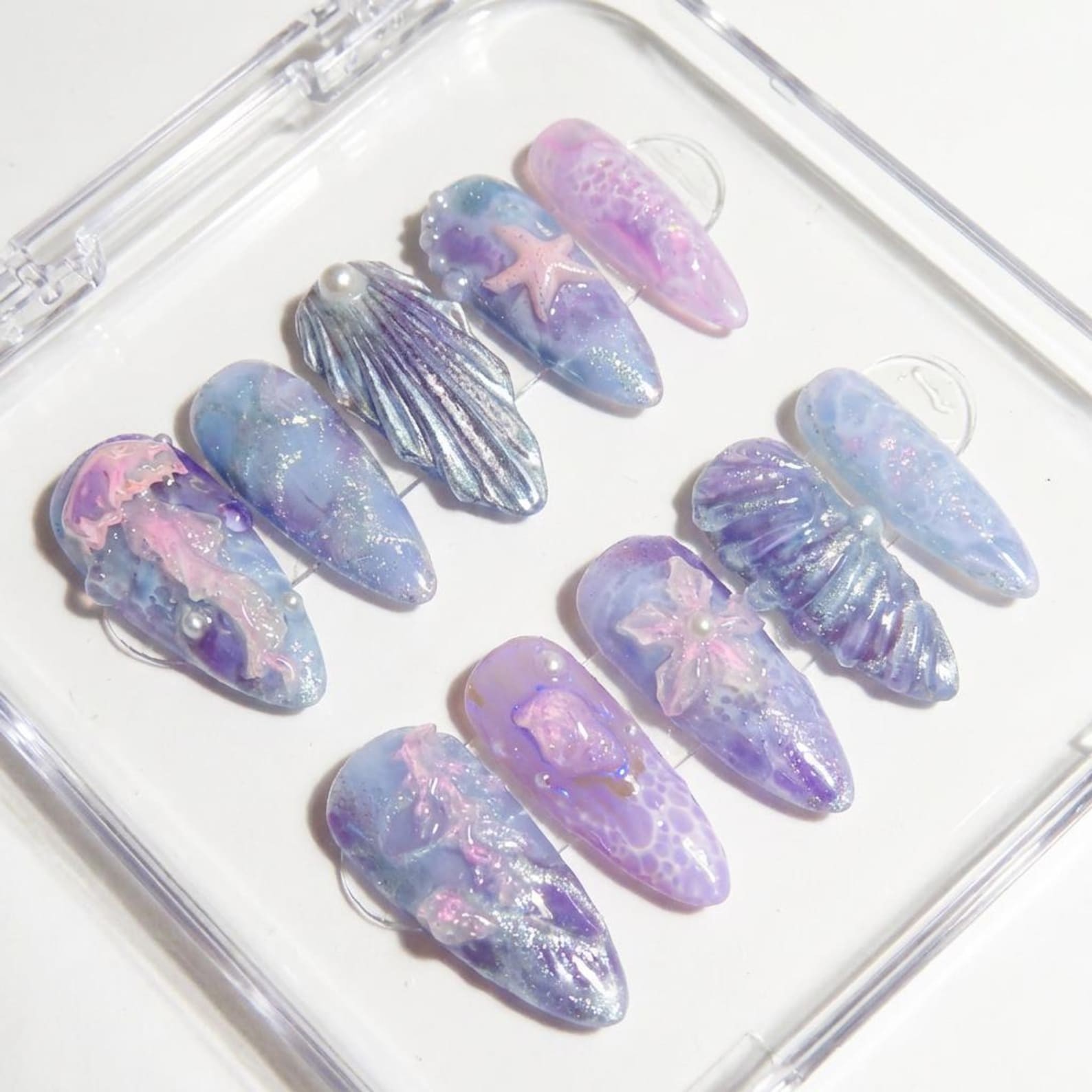 Handmade Purple Blue Mermaid Glitter Seashell Starfish Stiletto Press on Nails