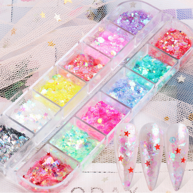 12 Grids/box Nail Art Glitter Powder Fairy Sequins Laser Flakes Decoration DIY K