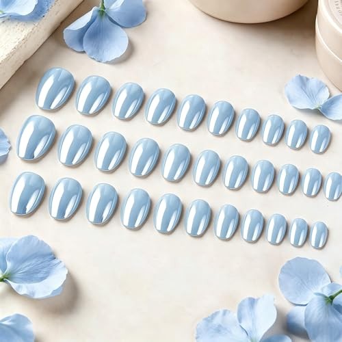 Chrome Press On Nails Short Oval – 32 Pcs Glazed Baby Blue Fake Nails