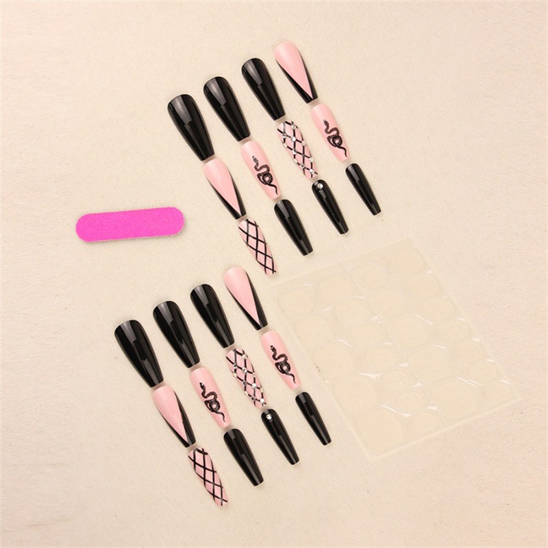 Gothic Nail with Nude Pink Base, Black French Tips and Rhinestone Lattice Design