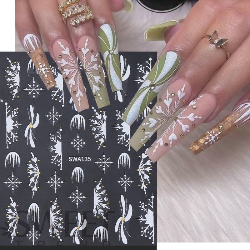 White Snowflakes Nail Art Stickers Christmas French Tips White Snow
