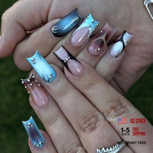 Medium Square Press on Nails, Gradient Blue Pink Acrylic Fake Nails Long 50