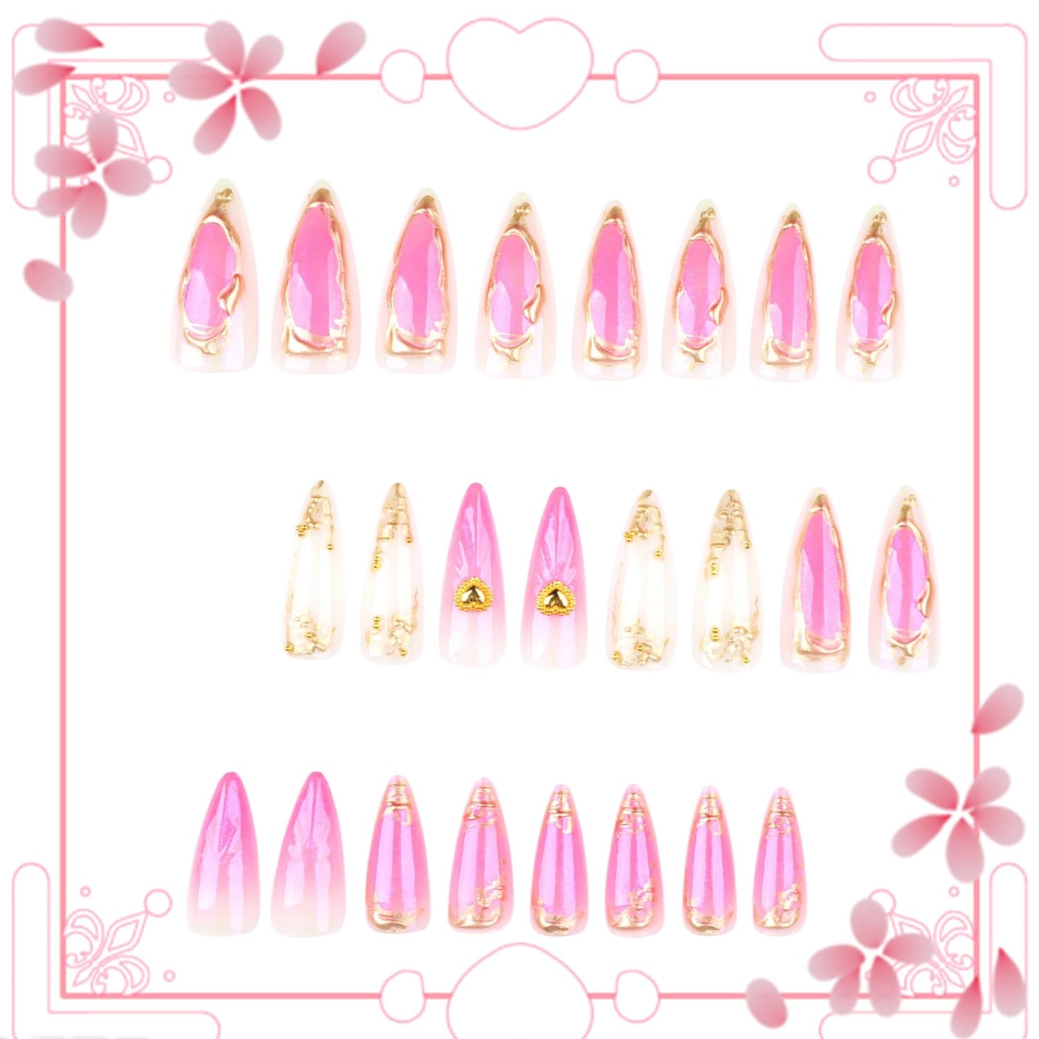Press on Nails Almond Shaped Long Artificial Acrylic Gradient 3D Long, Multi