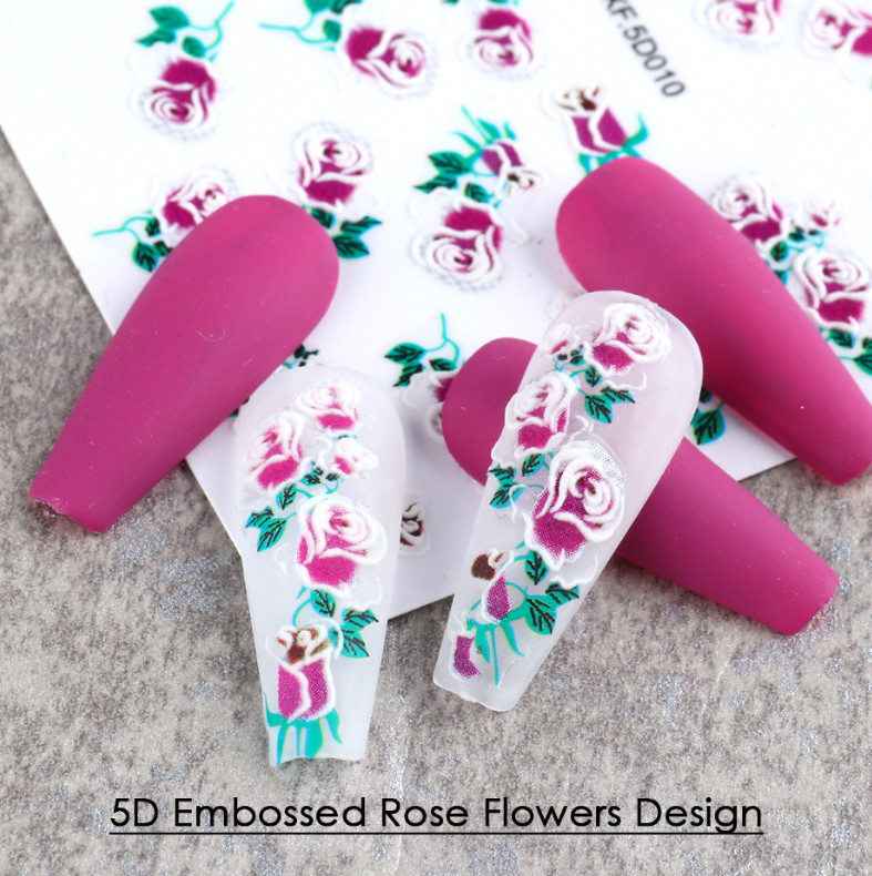 5D Embossed Flowers Rose Butterfly Rabbit Daisy Cameo Nail Art Stickers DIY
