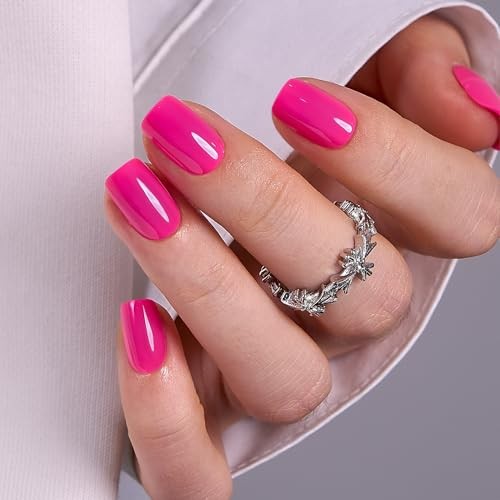 Short Square Acrylic Nails – Bright-Pink – Press on Nails – Apricot Design