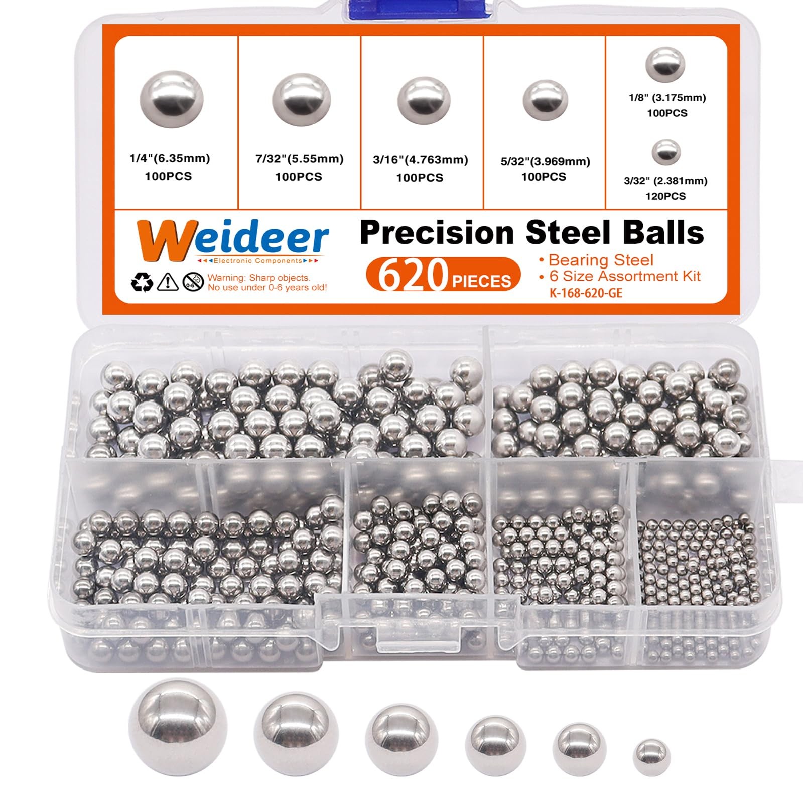 620PCS 304 Stainless Steel Precision Balls Bicycle Bearing Balls Assortment Kit