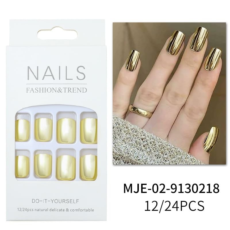Gold Press on Nails Short Square Fake Nails Gold Chrome False Nails Style-A4