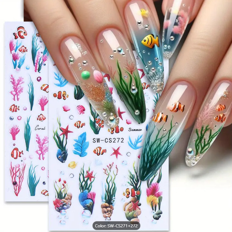 2Pcs Set Nail Stickers Clownfish Seaweed Starfish Ocean Peel Off Decor NH30