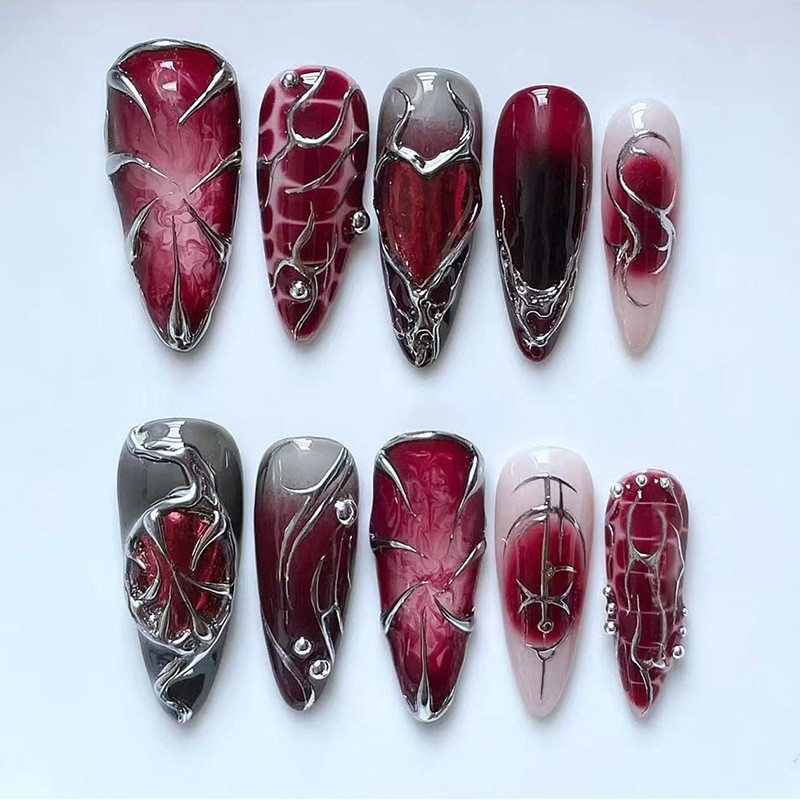 24Pcs Black Y2k Long Almond Fake Nails Cat’s Eye Silver Stripe Press on Nails