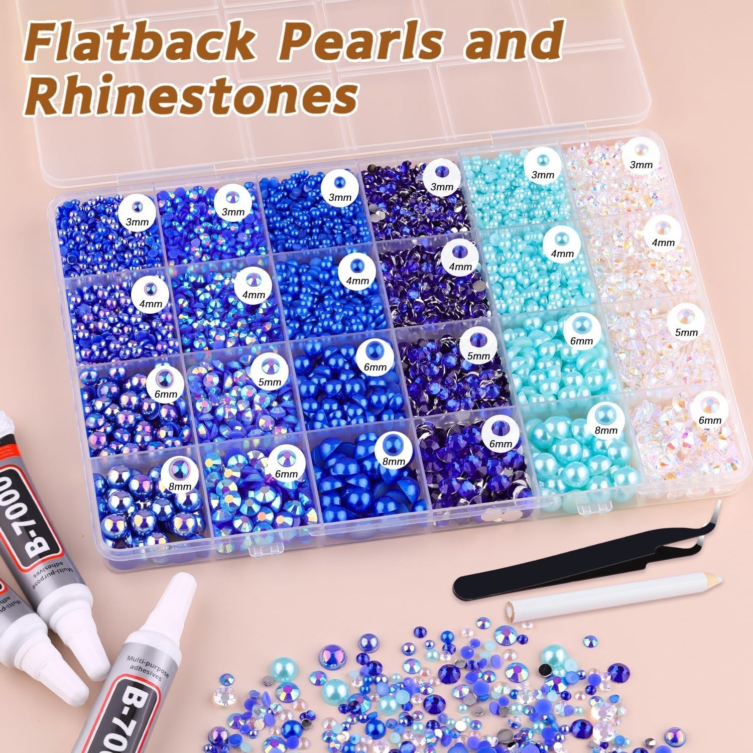 14000PCS Flatback Pearls and Blue Rhinestones for Bedazzling Kit, Dark Blue 3…
