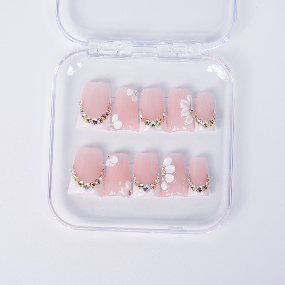 Handmade Flower Press On Nails Pink Crystal Chain Duckbill Fake Nails Reusable
