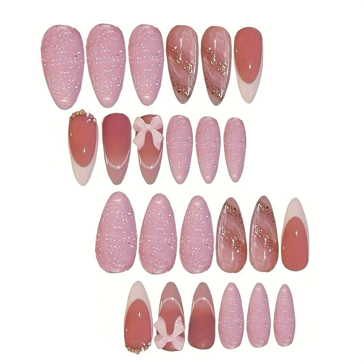 Pink French Tip Press on Nails Medium Almond Fake Nails with 3D Bow & Glitter Rh