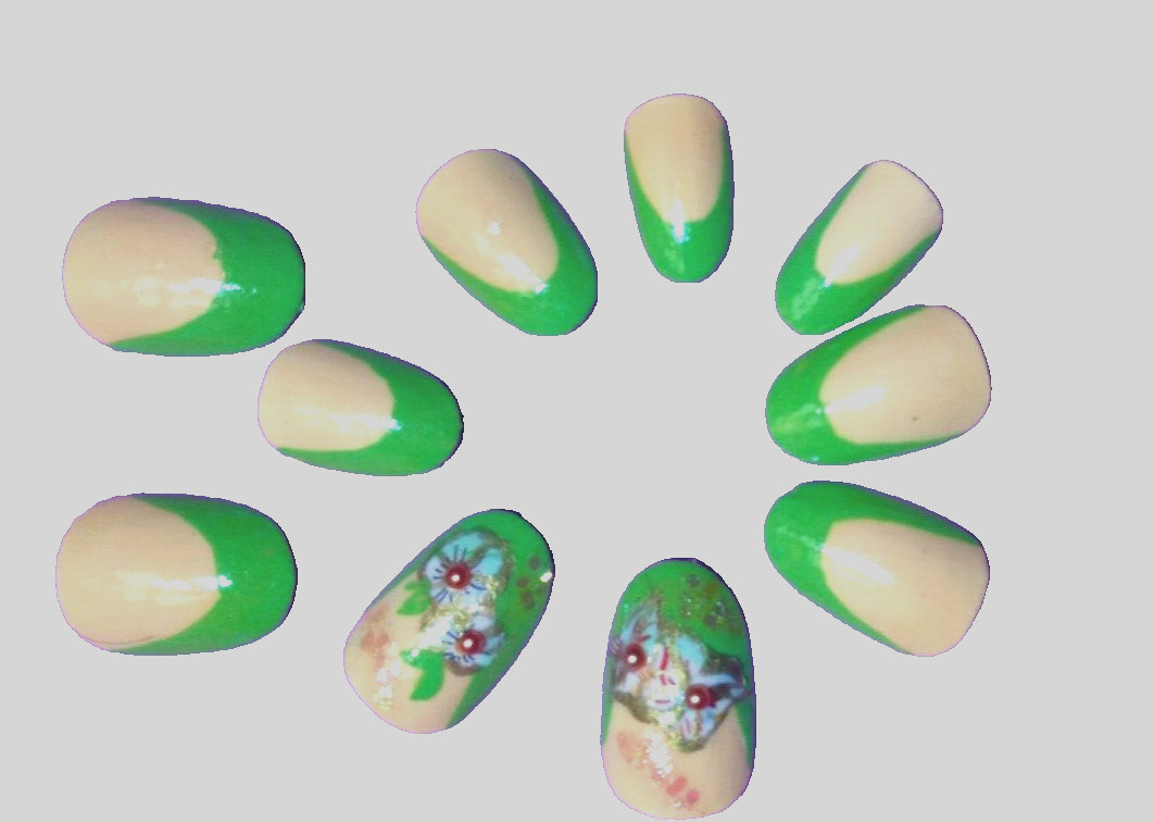 KFN Press On Nails ​Green French|Medium Oval|Hand Painted Floral Foil Art Kit 10