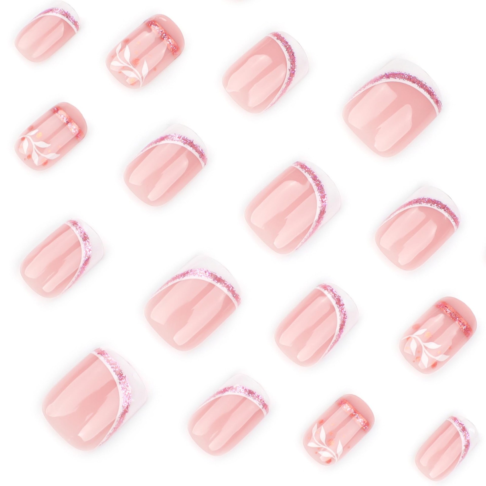French Press on Nails Short Square – Nude Fake Nails Press ons with White Fre…