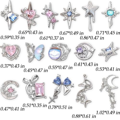 16 Styles Luxury Moon Star Nail Charms for Acrylic Nails Alloy Rhinestone Star