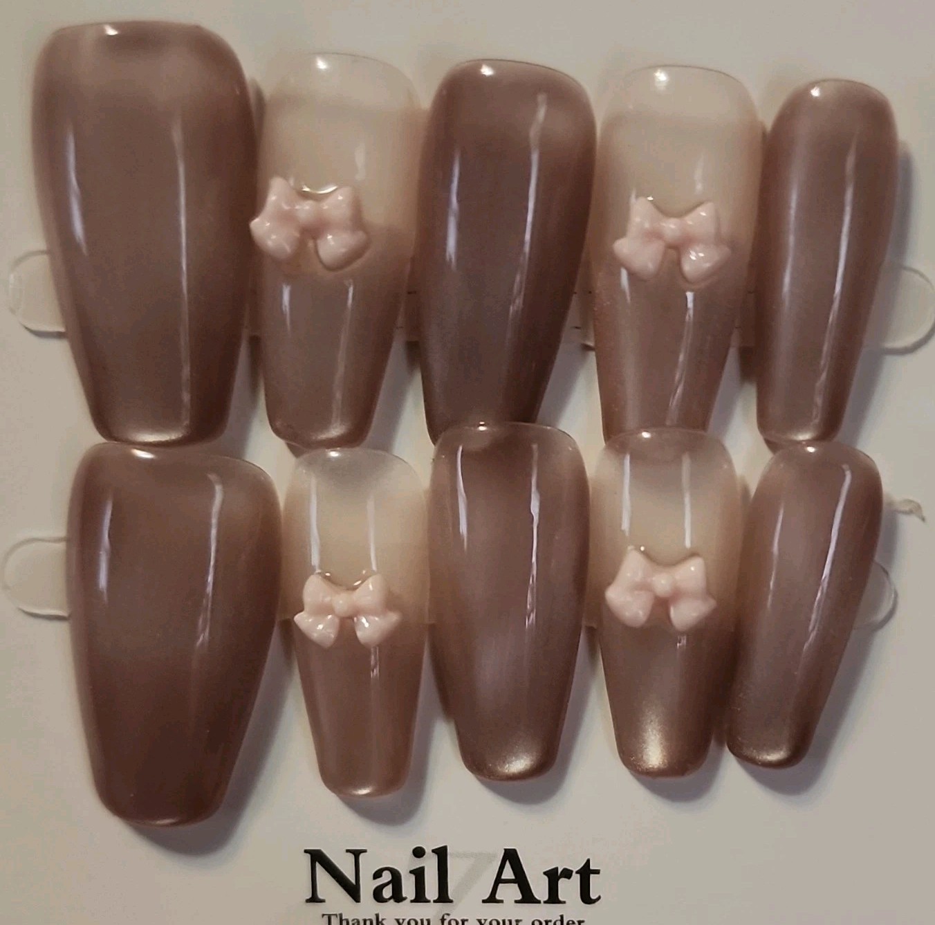Press-On Nails Long Coffin Full Cover, Brown/Nude Shiny Pre-Designed Bows