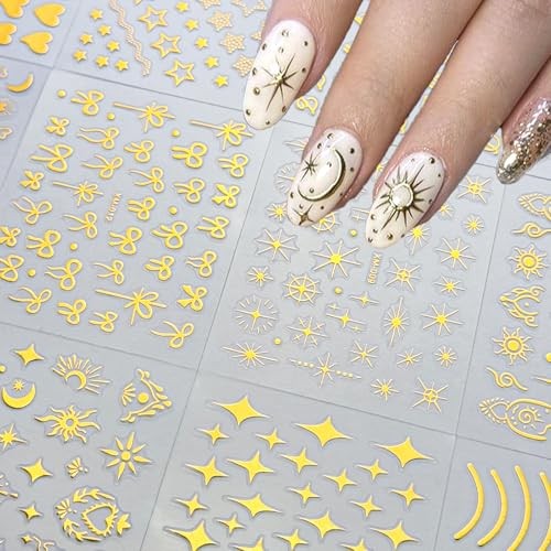 30 Sheets Gold Star Nail Art Stickers 3D Self Gold Star Moon Heart Designs