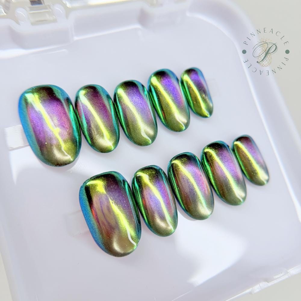 Custom Handmade Green Purple Chameleon Chrome Oval Press on Nails Set