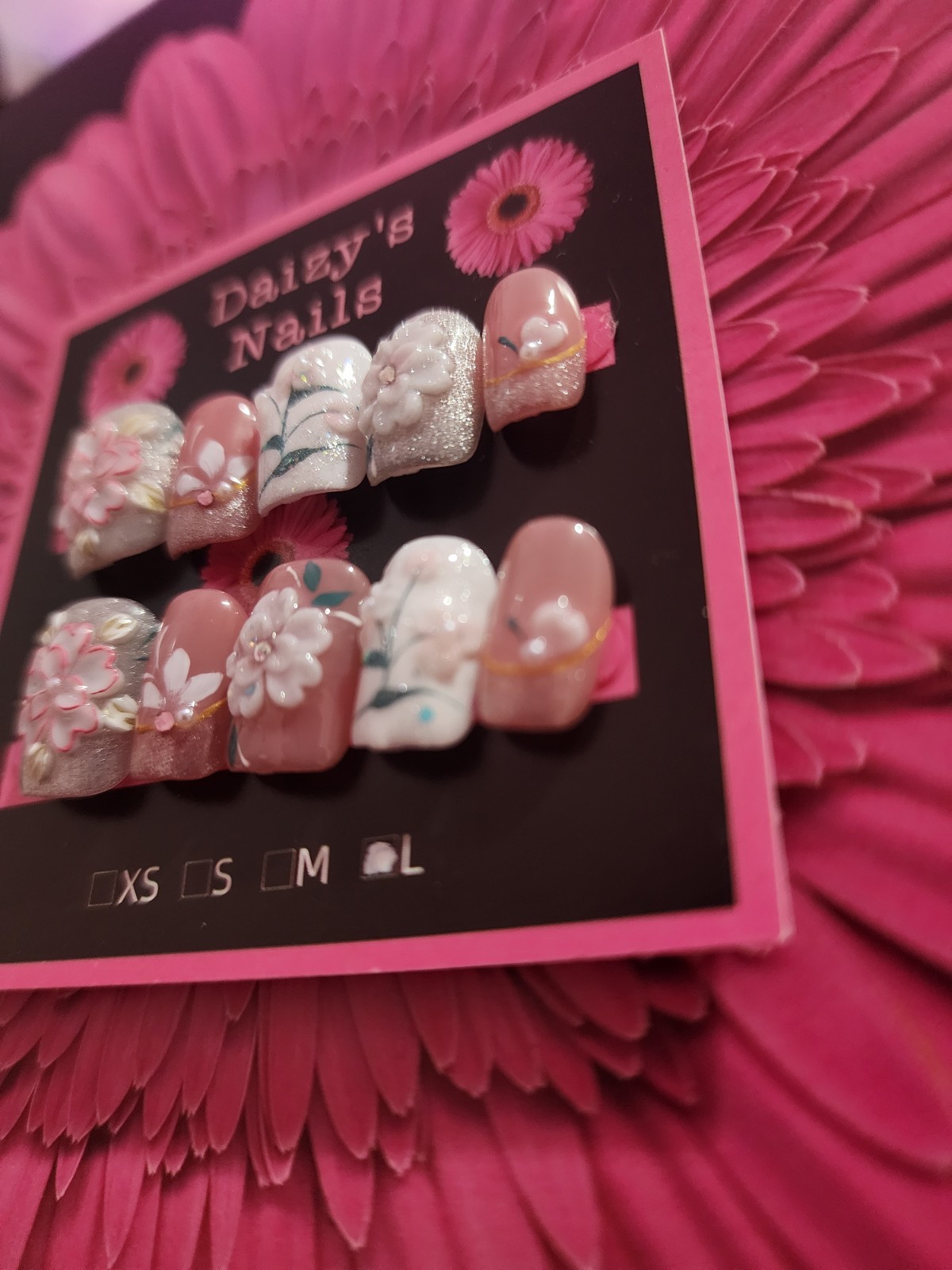 Large Size Garden 3D Floral Press-on Nail Set Handmade Almond 1.5 Cm Length
