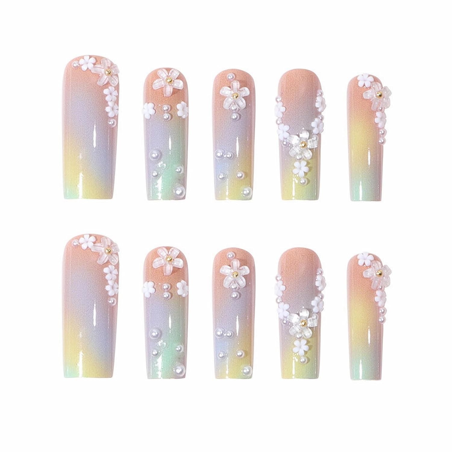 Press on Nails – Long Square Glue on Nails with Summer Colorful Ombre, Acryli…
