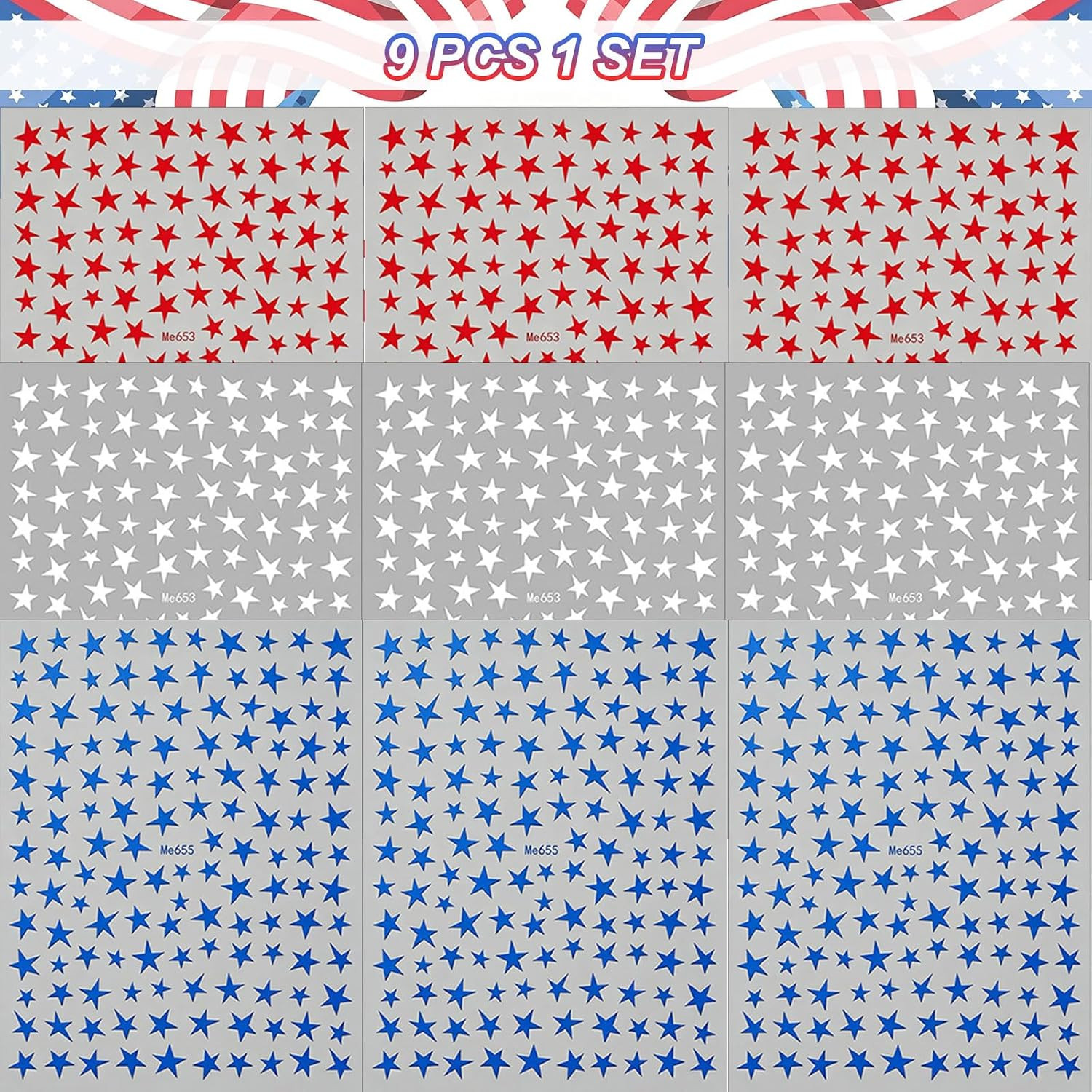 9 PCS 4Th of July Nail Stickers, Red White and Blue Nails Star Stickers | 3D