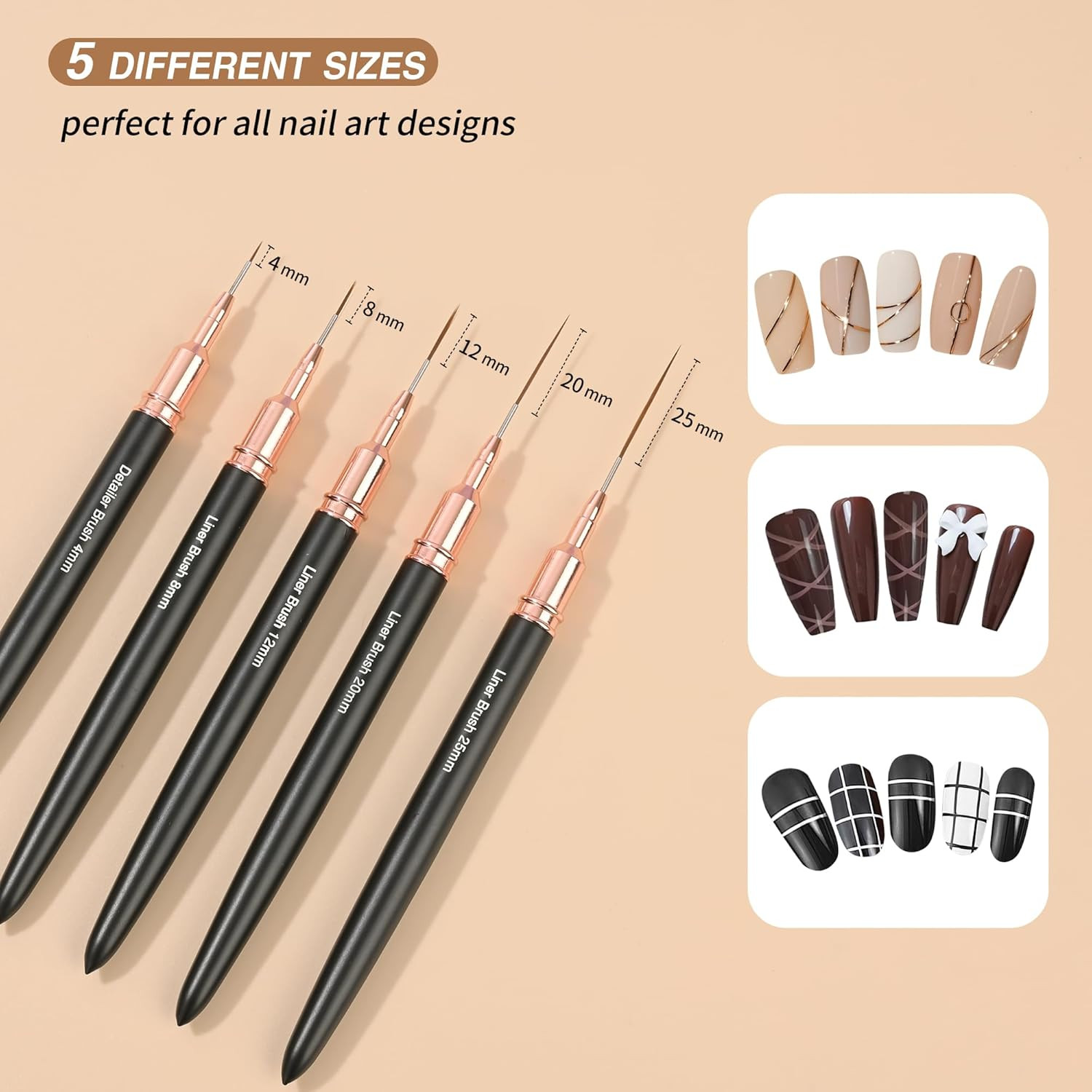 Metallic Nail Art Brushes, 5Pcs Nail Art Liner Brushes, Painting Art Design Brus