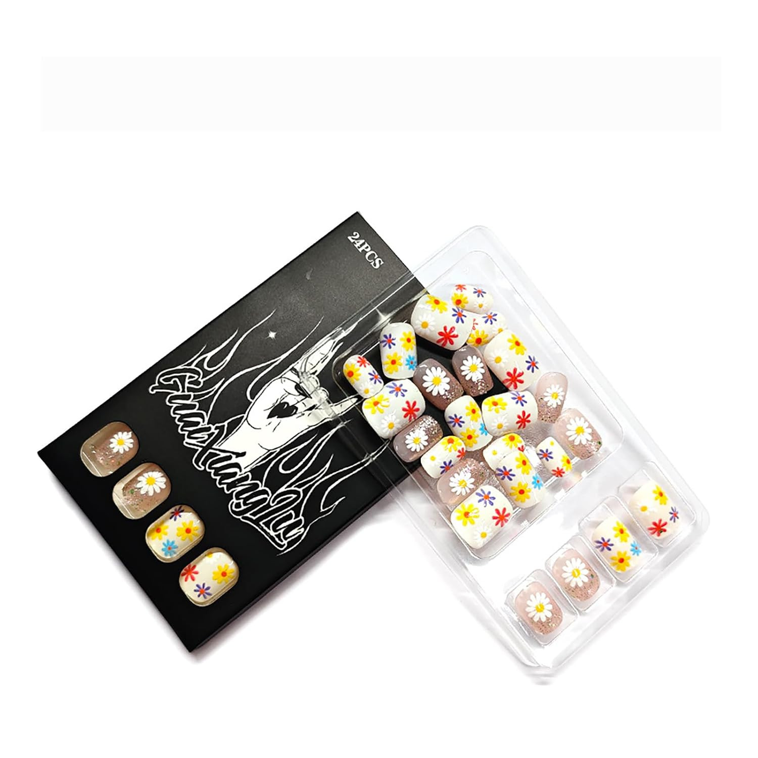 24Pcs Colorful Flower Press on Nails,Short Square Fake Nails with French Glitter
