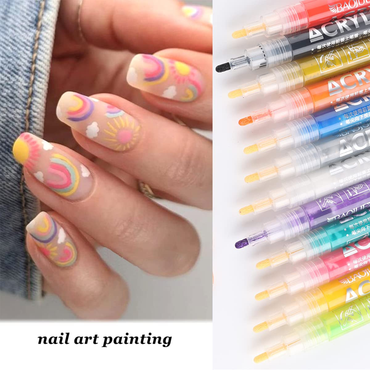 Nail Art Graffiti Pen Set 12pcs Waterproof Drawing Markers Neon Enamels Black Wh